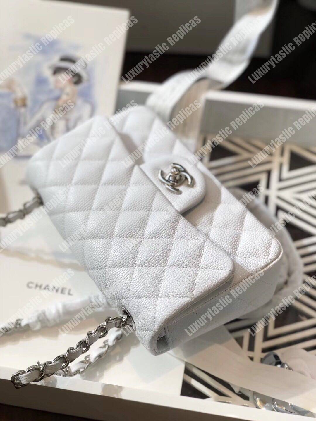 Ch*el mini classic rectangle flap bag white