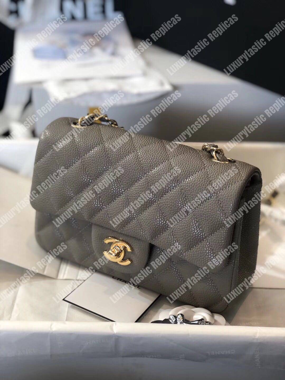 Ch*el mini classic rectangle flap bag dark grey
