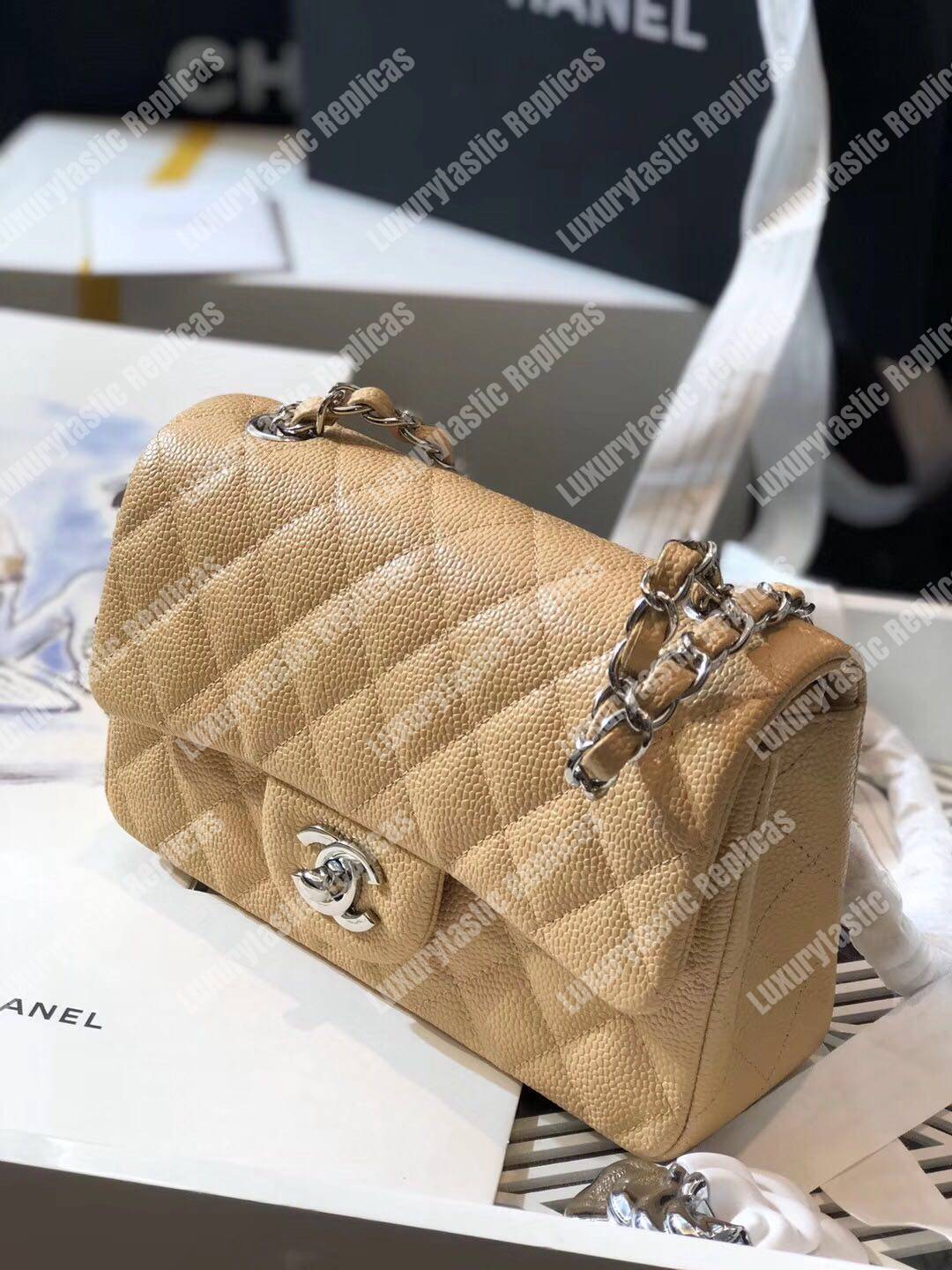 Ch*el mini classic rectangle flap bag beige