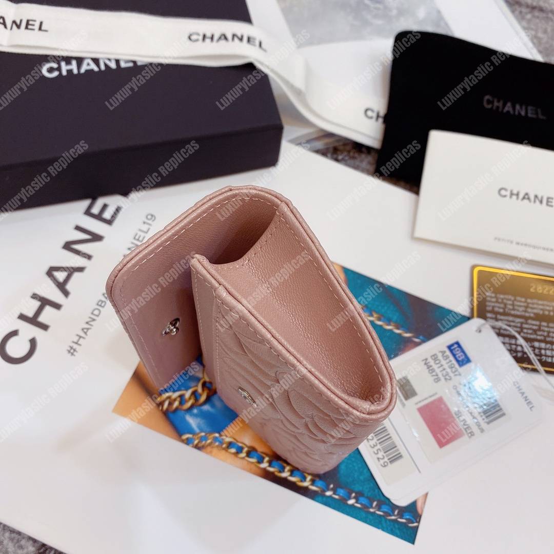 Ch*el flap card holder satin finish goatskin pink