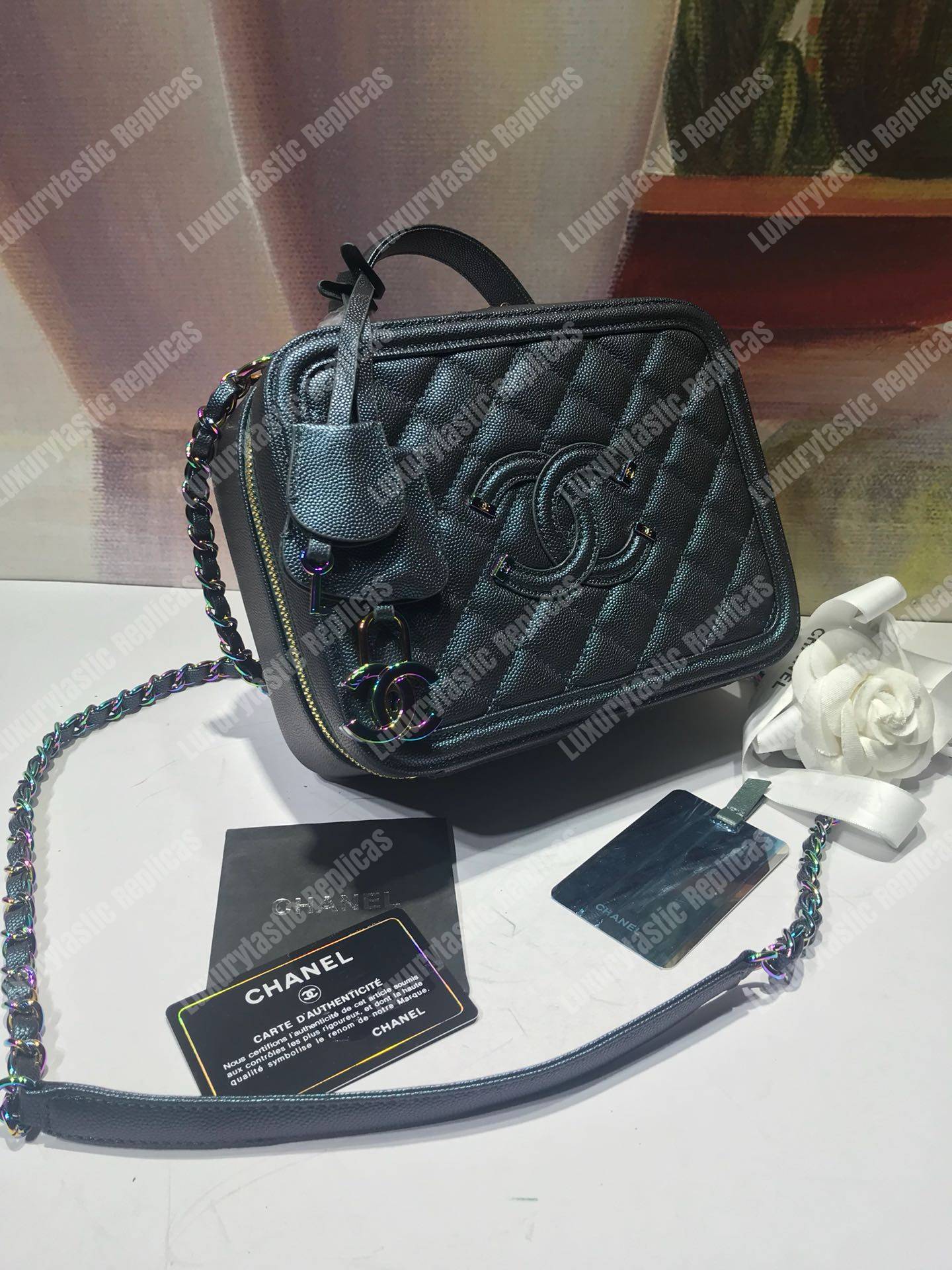 Ch*el iridescent rainbow medium filigree vanity case turquoise