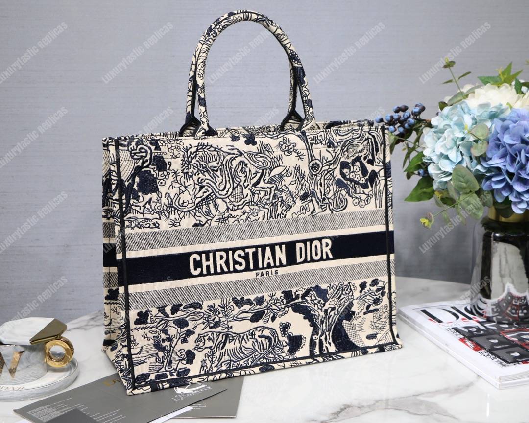 D*or book tote bag embroidered black & white toile de jouy carnivora