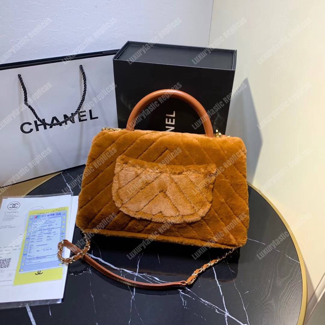 Ch*el flap bag with top handle beige
