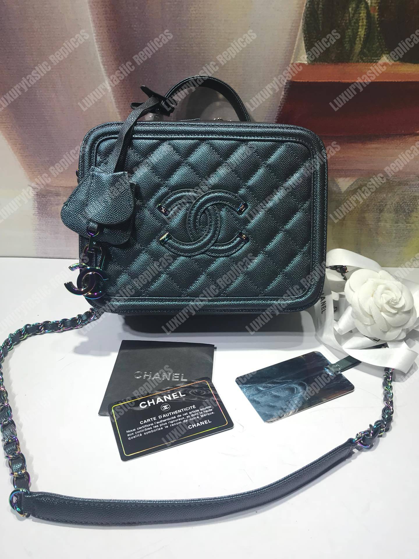 Ch*el iridescent rainbow medium filigree vanity case turquoise