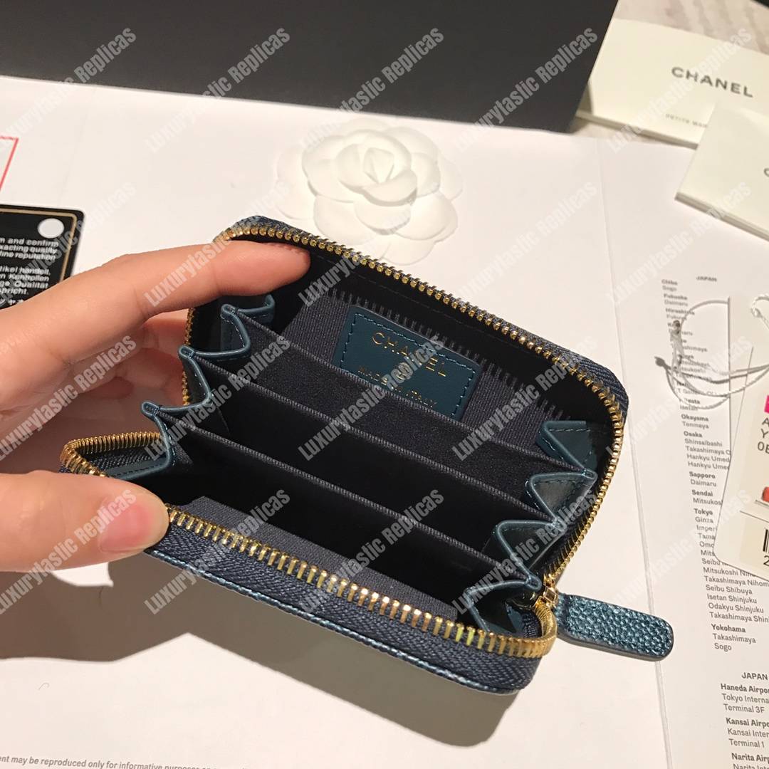 Ch*el classic zipped coin purse iridescent turquoise