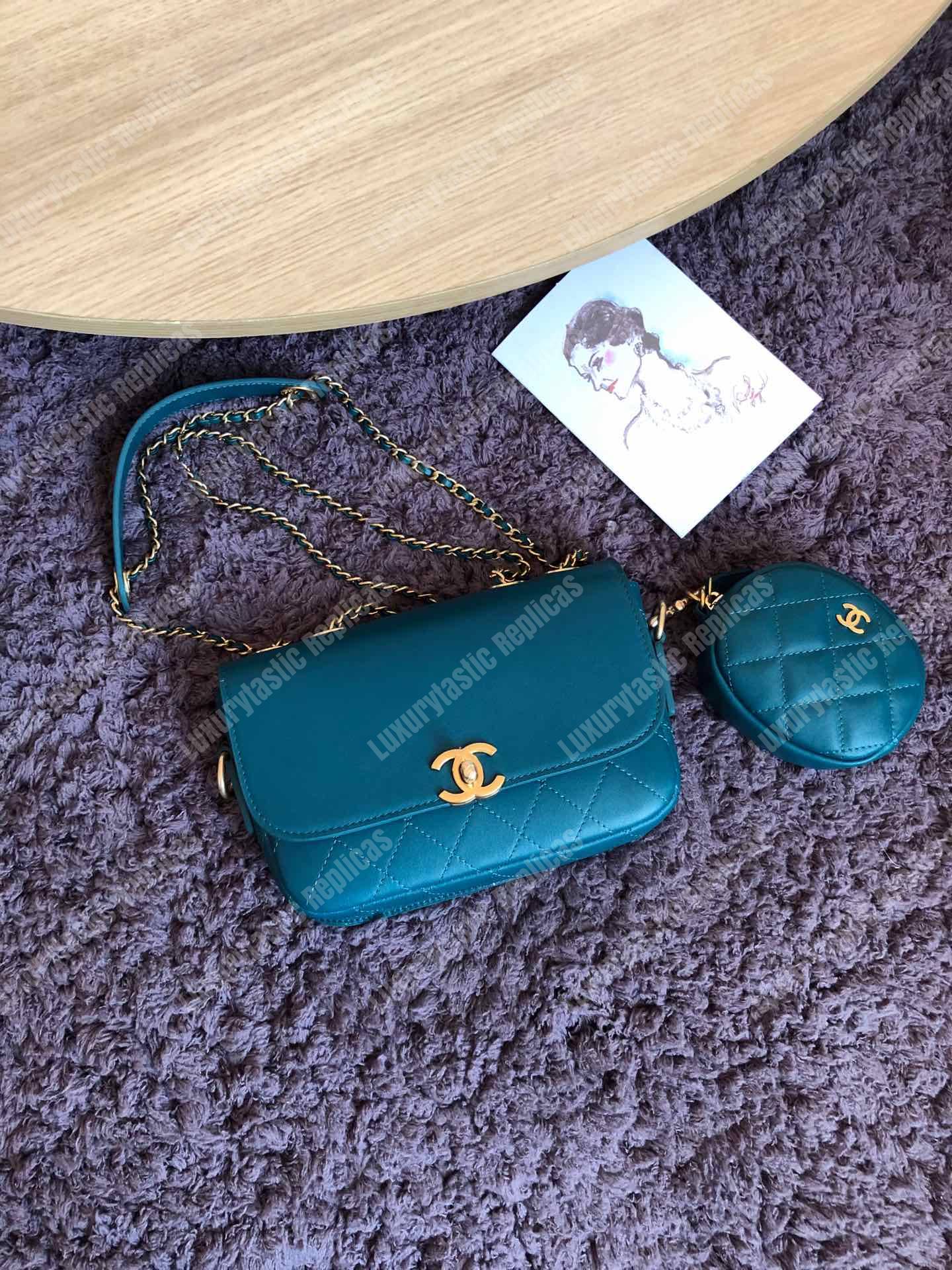 Ch*el flap bag & coin purse blue