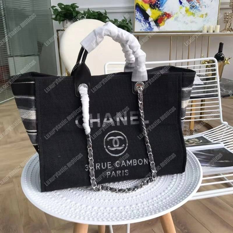 Ch*el deauville fabric tote black with grey, black and white stripes