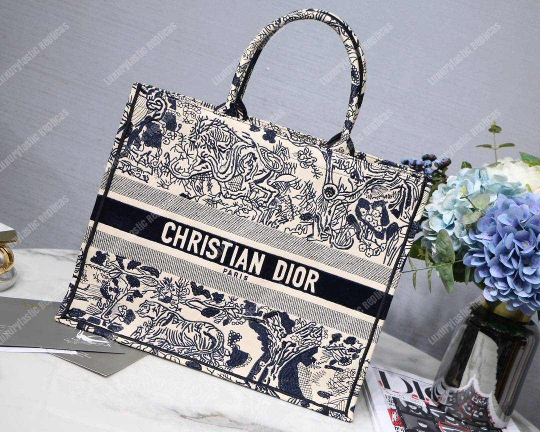 D*or book tote bag embroidered black & white toile de jouy carnivora