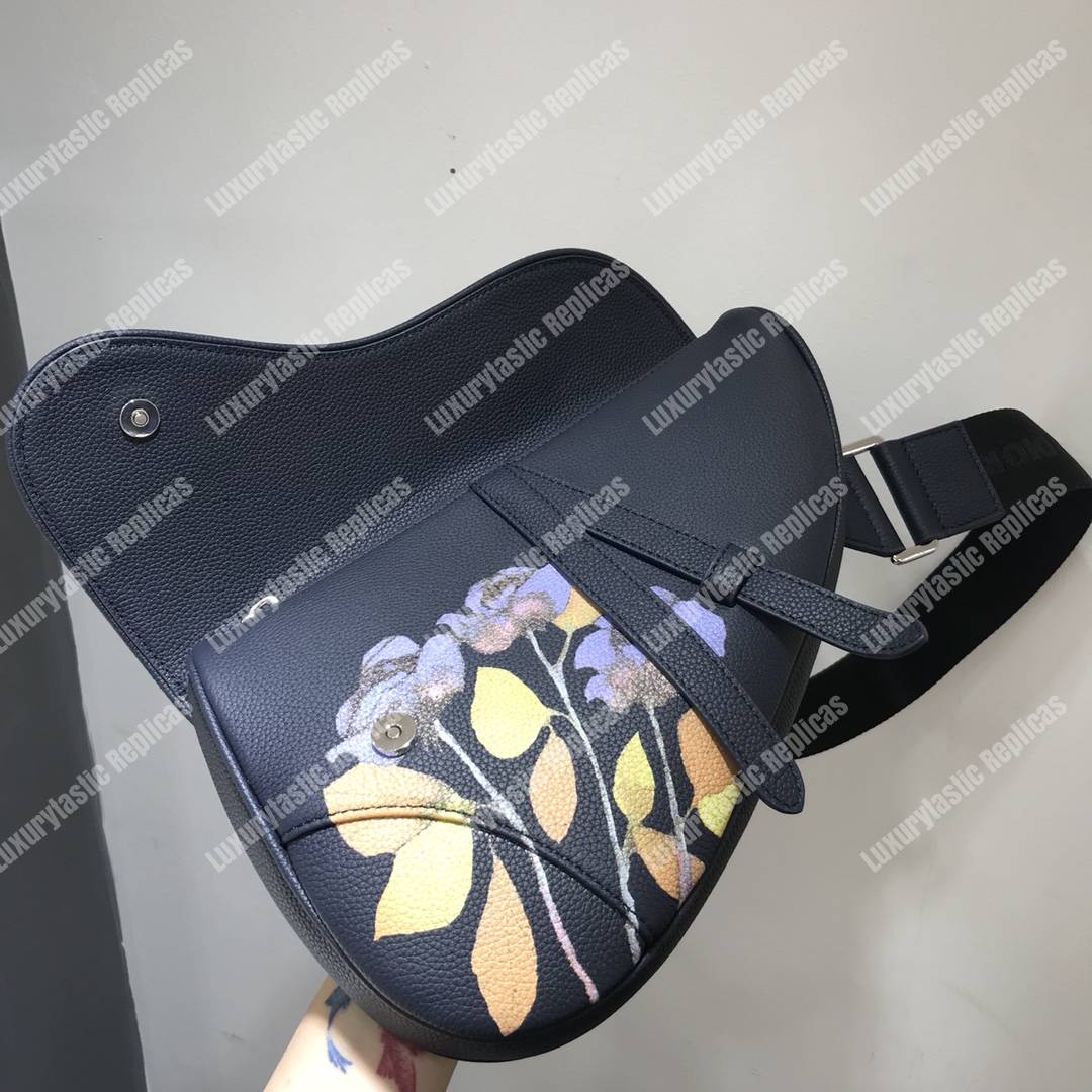 D*or saddle bag navy blue grained calfskin and alex foxton floral