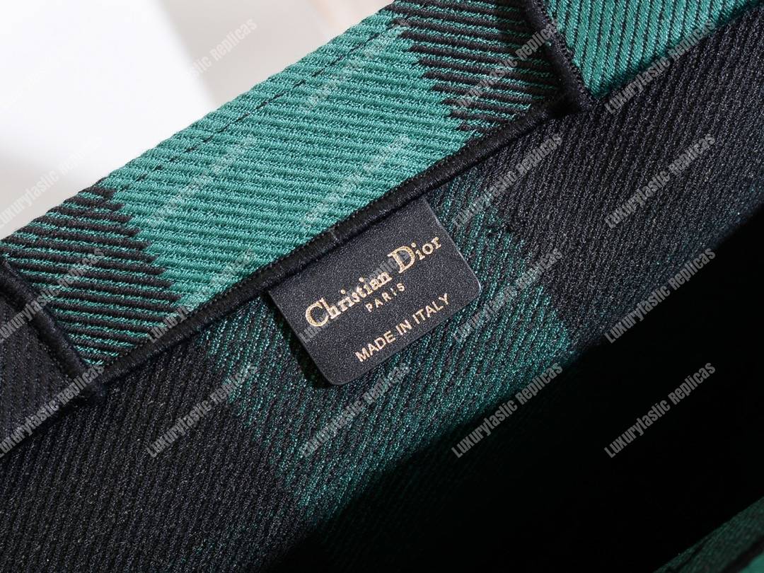 D*or book tote in green & black embroidered canvas