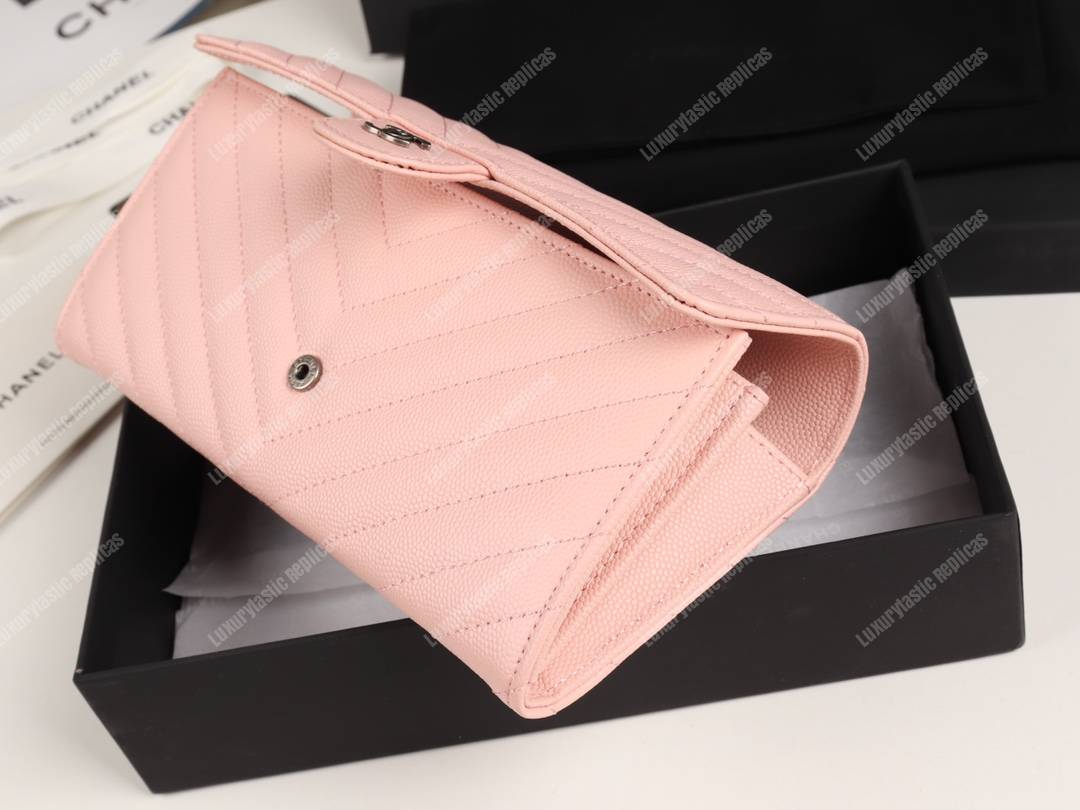 Ch*el classic long flap wallet chevron caviar pink