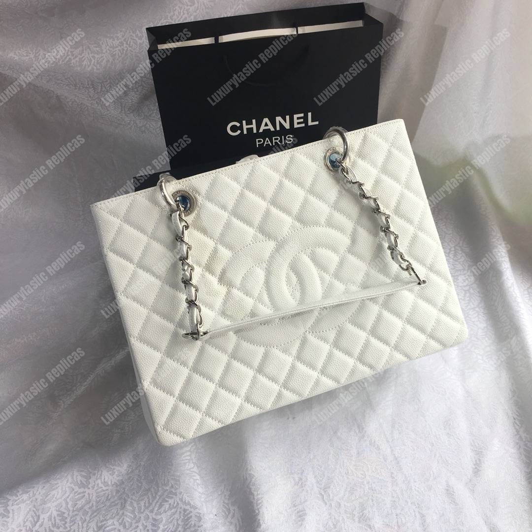Ch*el large shopping tote silver tone white