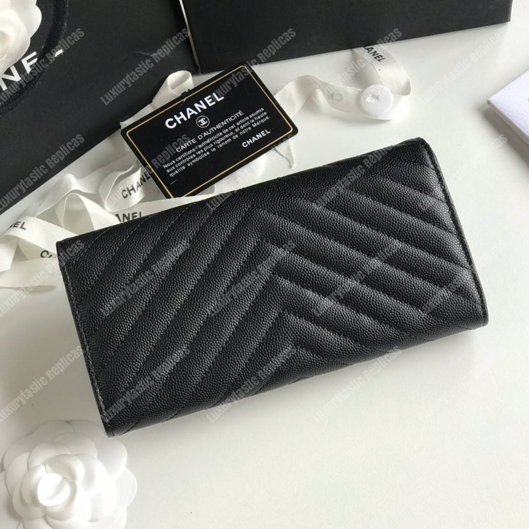 Ch*el classic long flap wallet gold tone black