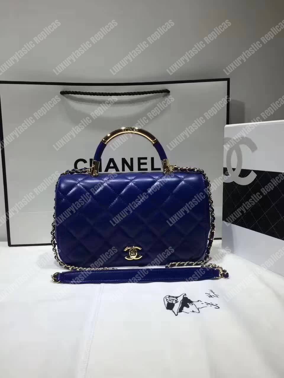 Ch*el medium flap bag with top handle blue