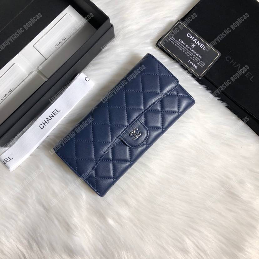 Ch*el classic long flap wallet silver tone navy blue