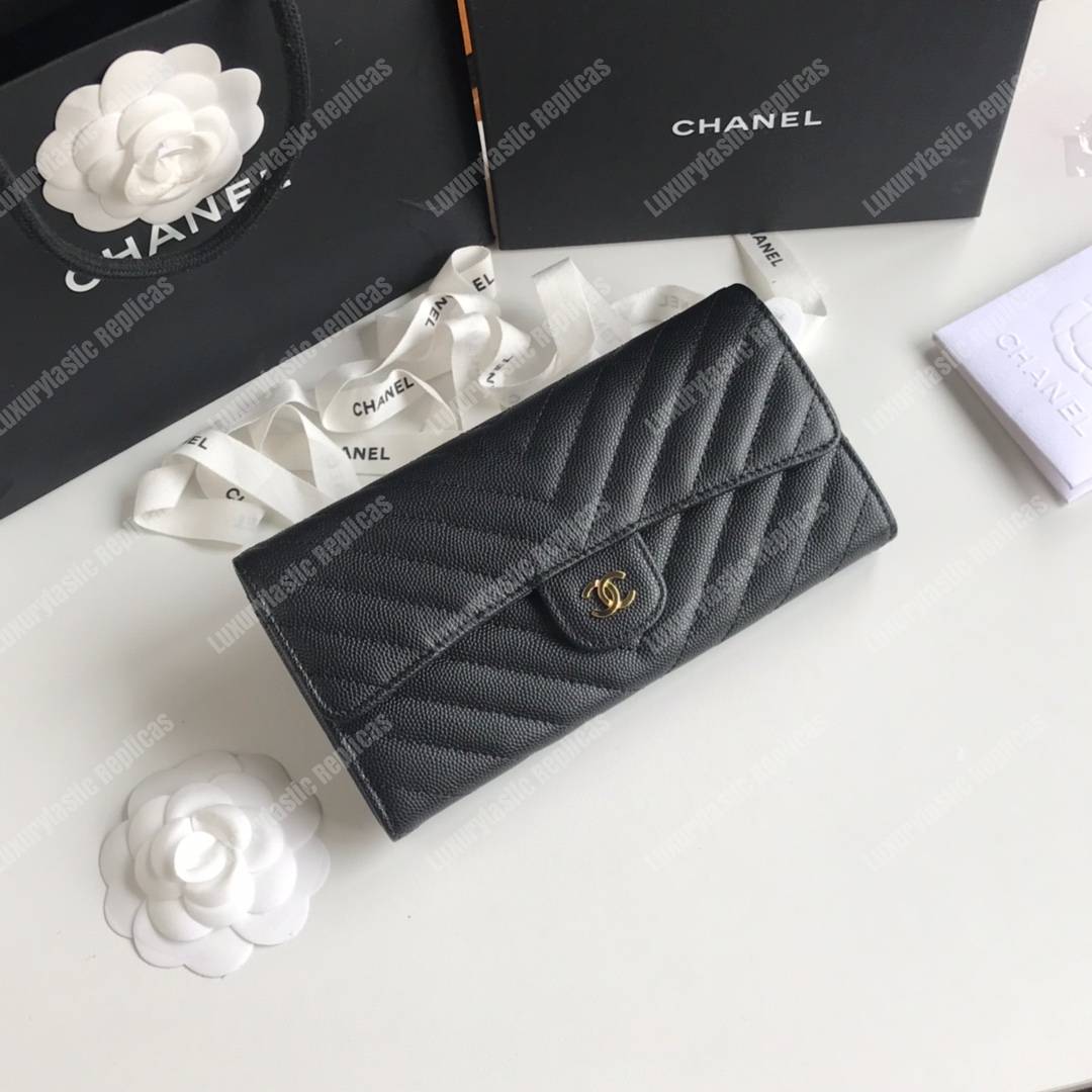 Ch*el classic long flap wallet gold tone black
