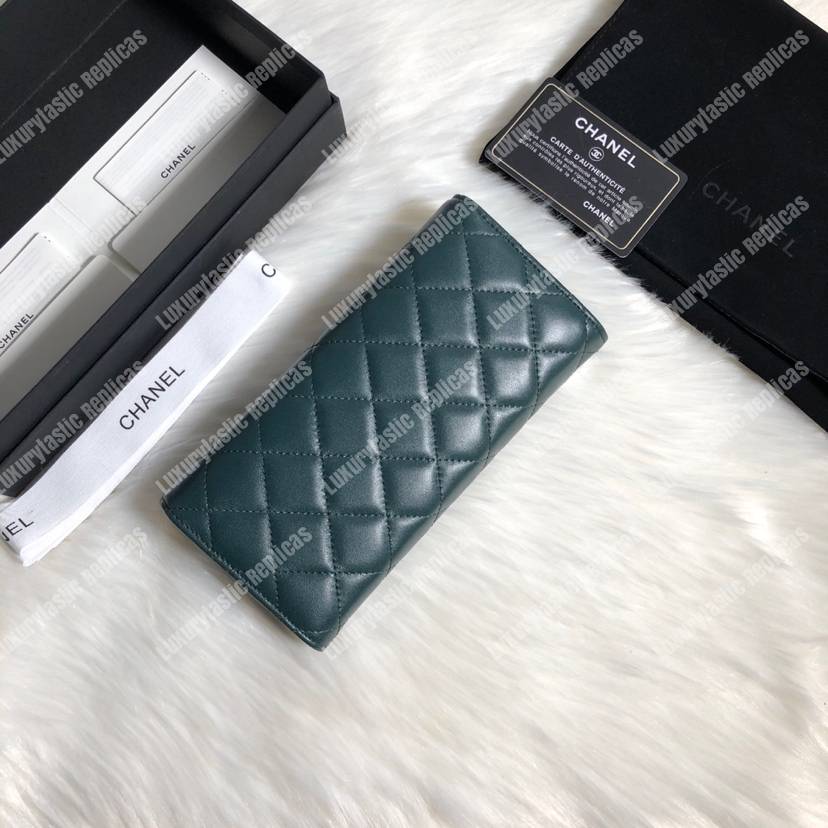 Ch*el classic long flap wallet lambskin leather green