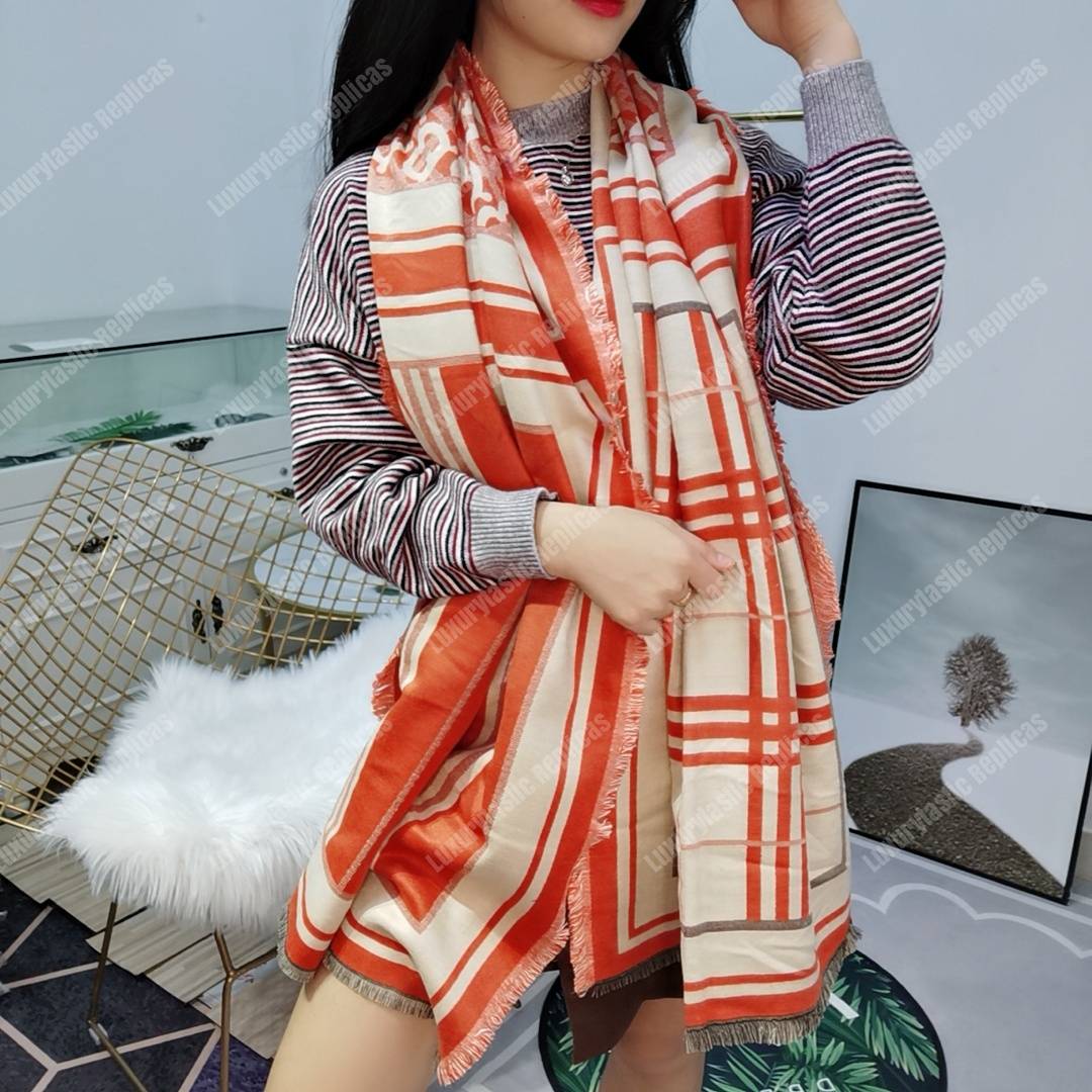 B**rry check, monogram and striped print silk scarf orange