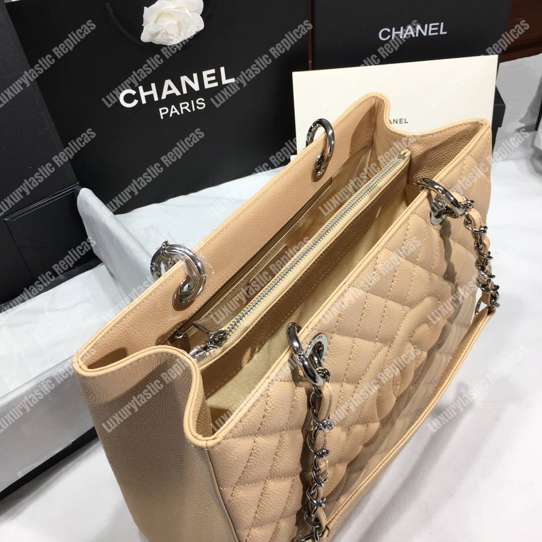 Ch*el large shopping tote beige silver hardware