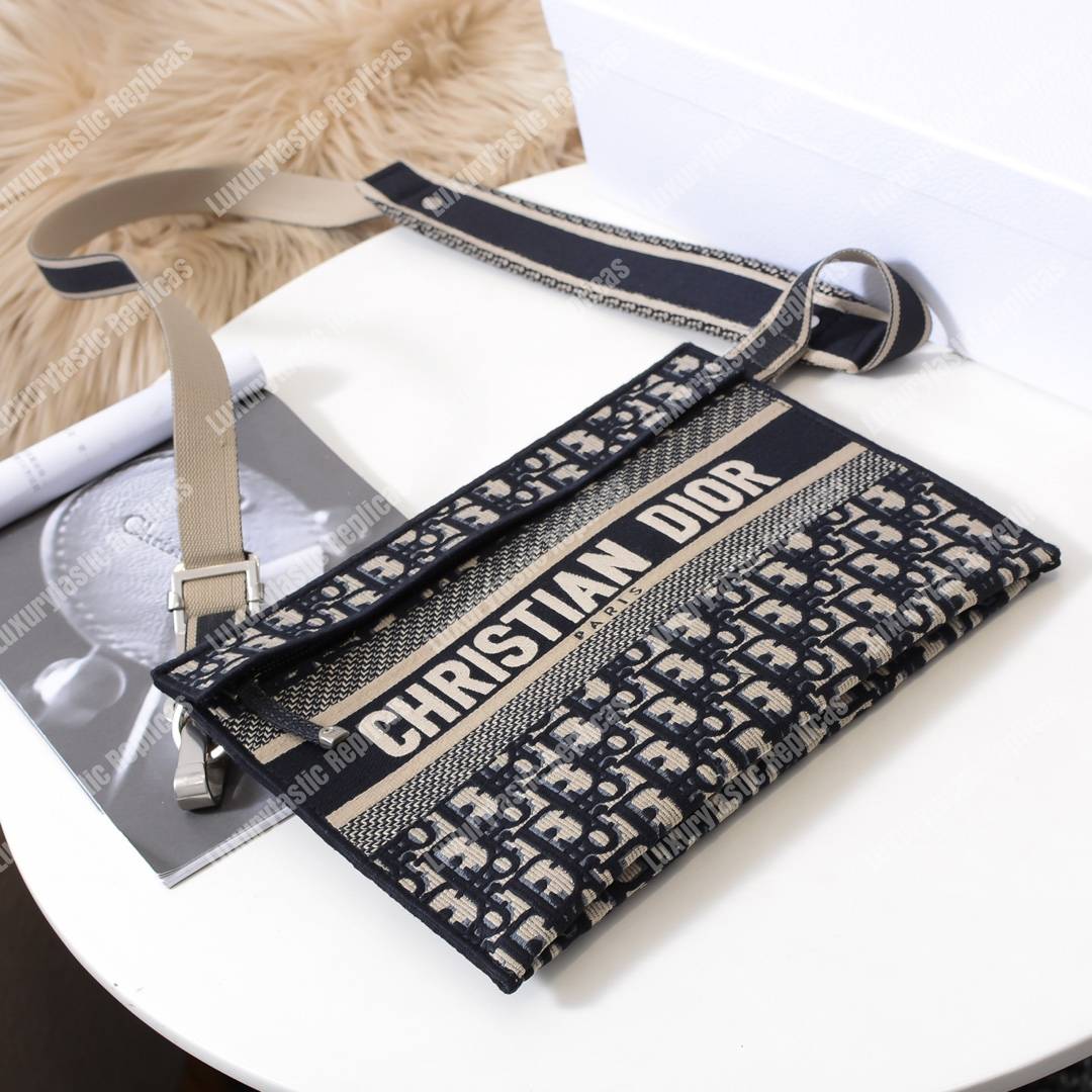 D*or blue oblique embroidered canvas clutch