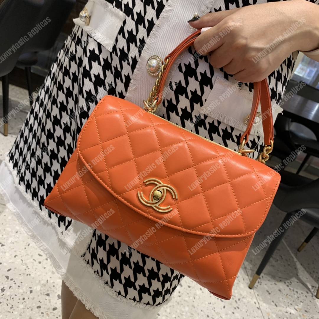 Ch*el flap bag with top handle lambskin orange
