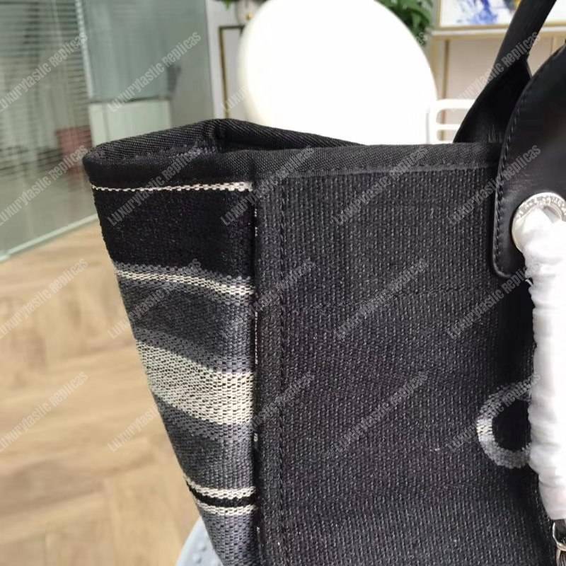 Ch*el deauville fabric tote black with grey, black and white stripes