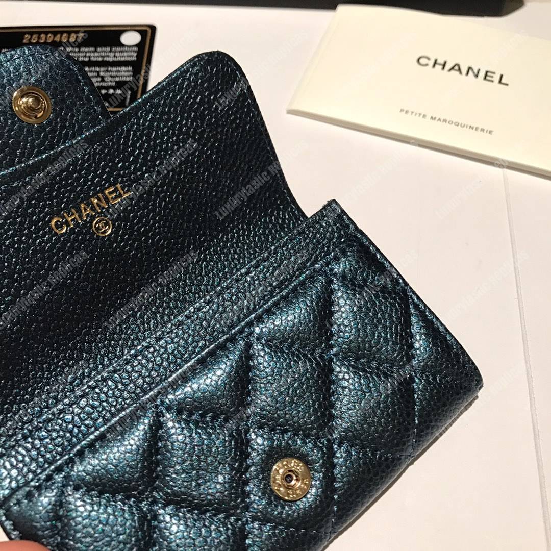 Ch*el classic card holder grained calfskin iridescent turquoise