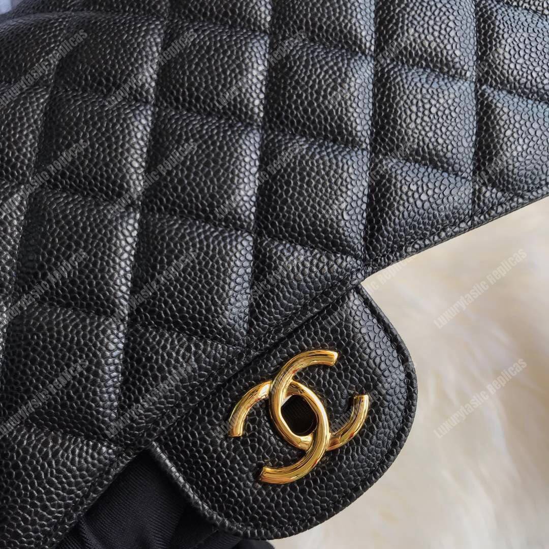 Ch*el classic maxi handbag black grained calfskin gold-toned