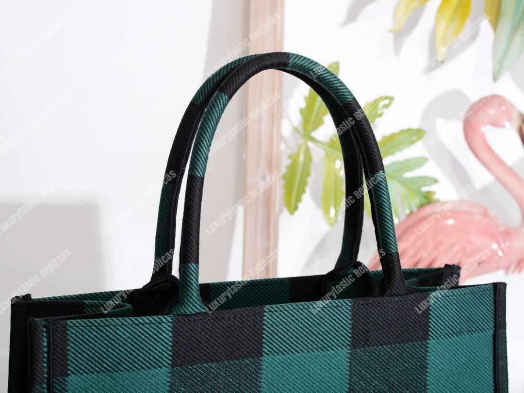 mini D*or book tote in green & black embroidered canvas