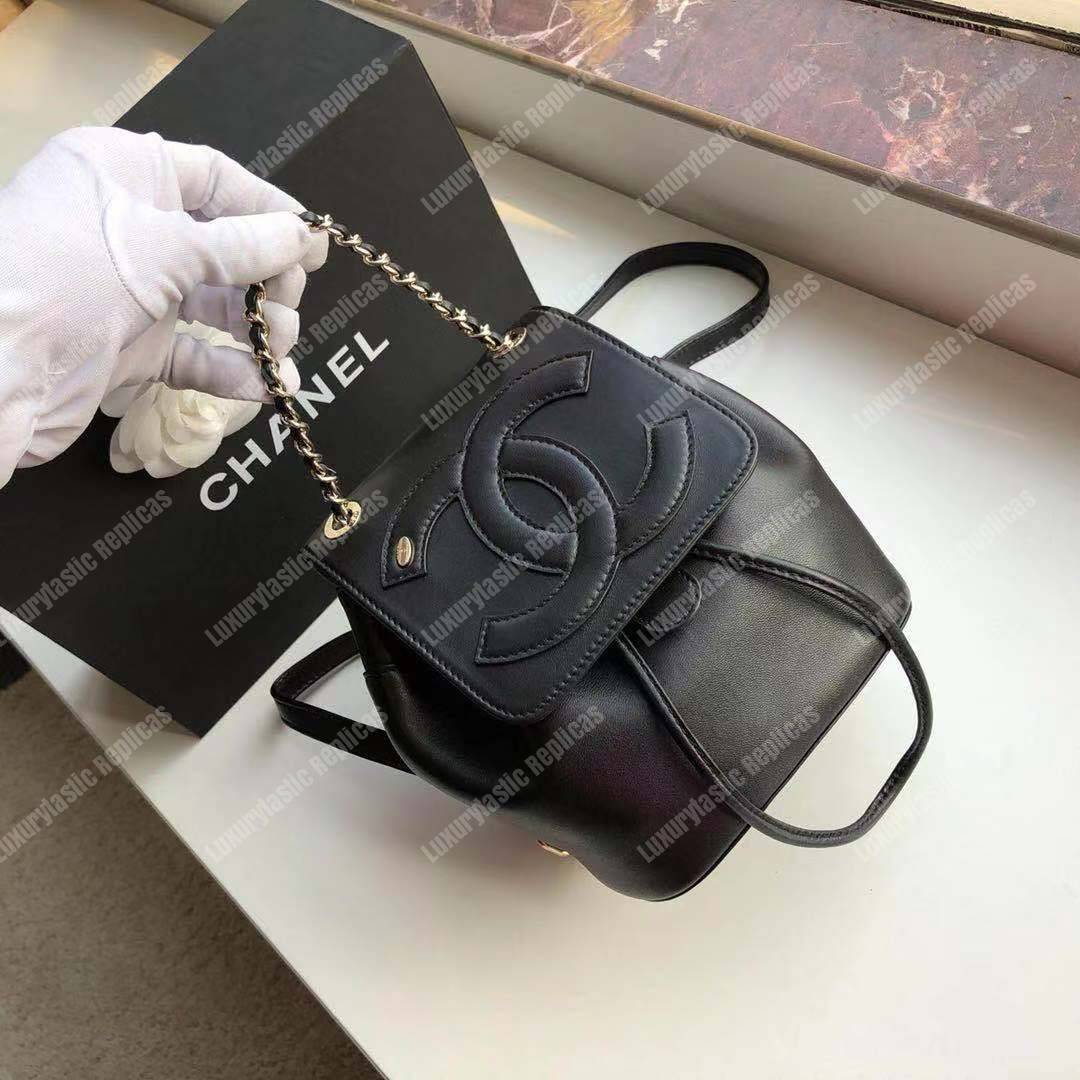 Ch*el lambskin gold-tone metal backpack black