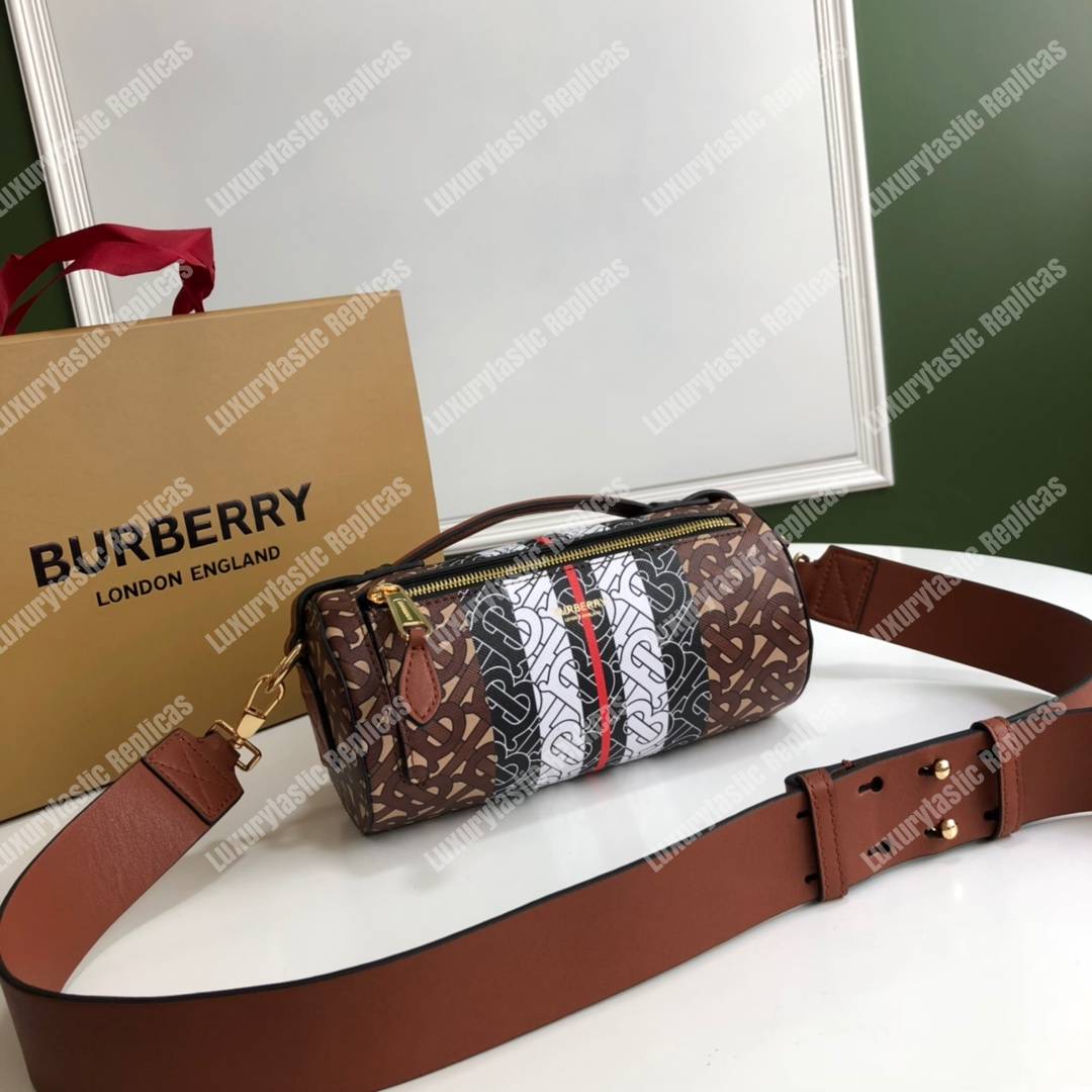 B**rry the monogram stripe e-canvas and leather barrel bag bridle brown