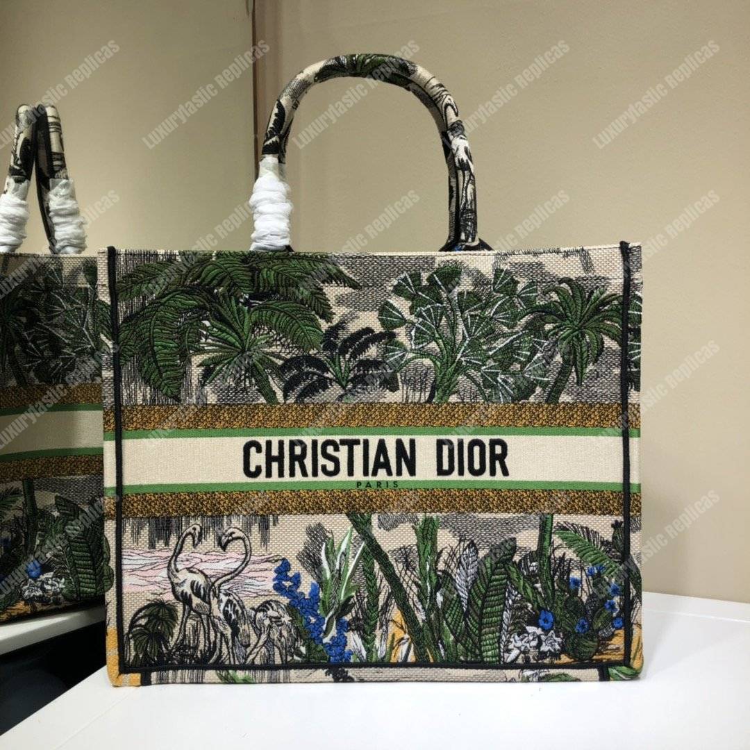 D*or book tote bag in embroidered canvas leaf green toile de jouy tropicalia