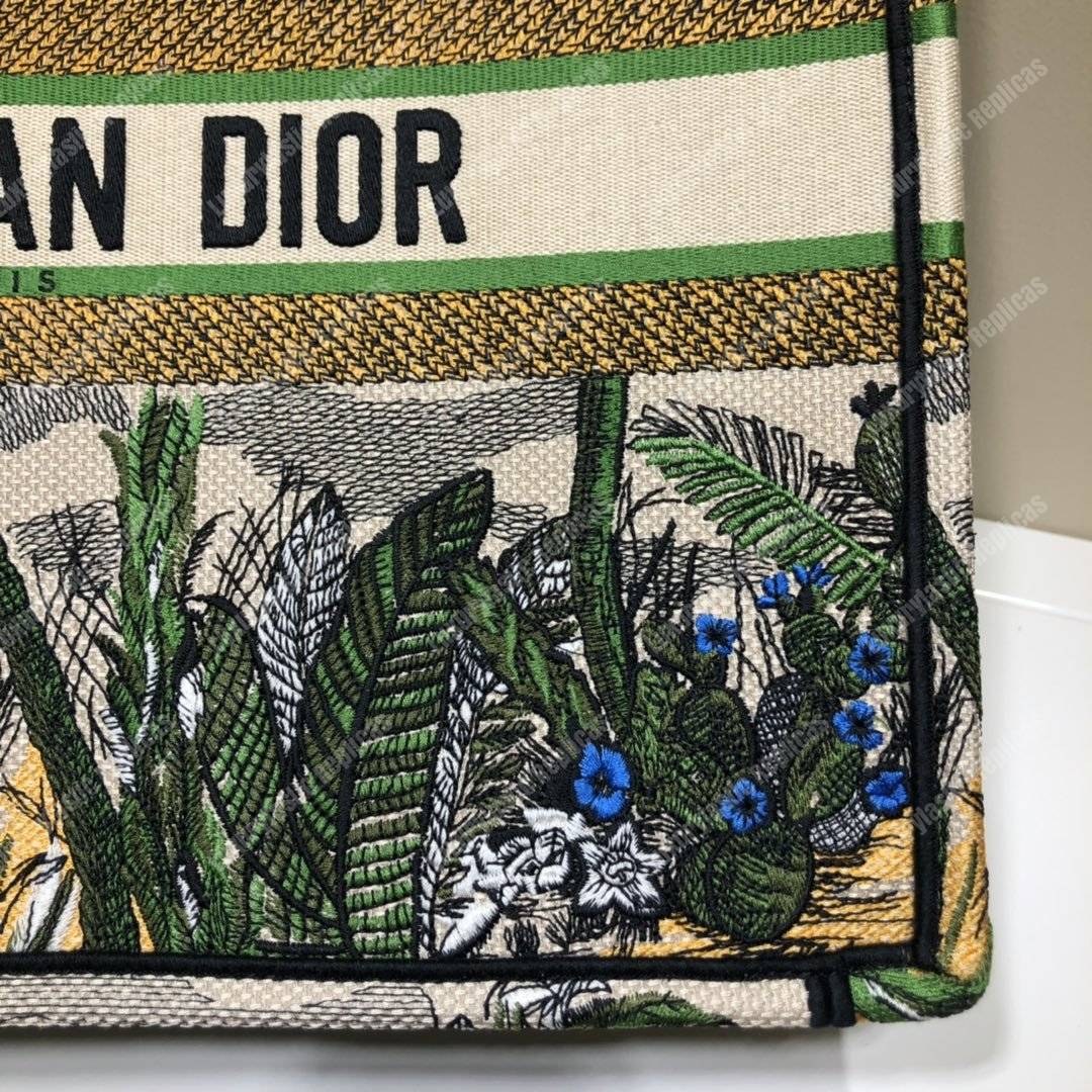 D*or book tote bag in embroidered canvas leaf green toile de jouy tropicalia