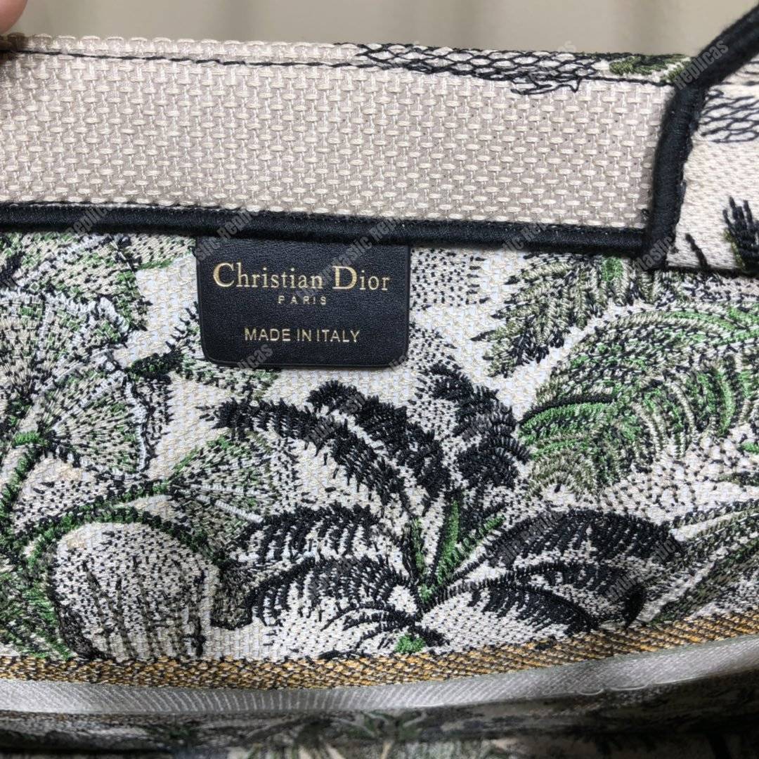 D*or book tote bag in embroidered canvas leaf green toile de jouy tropicalia