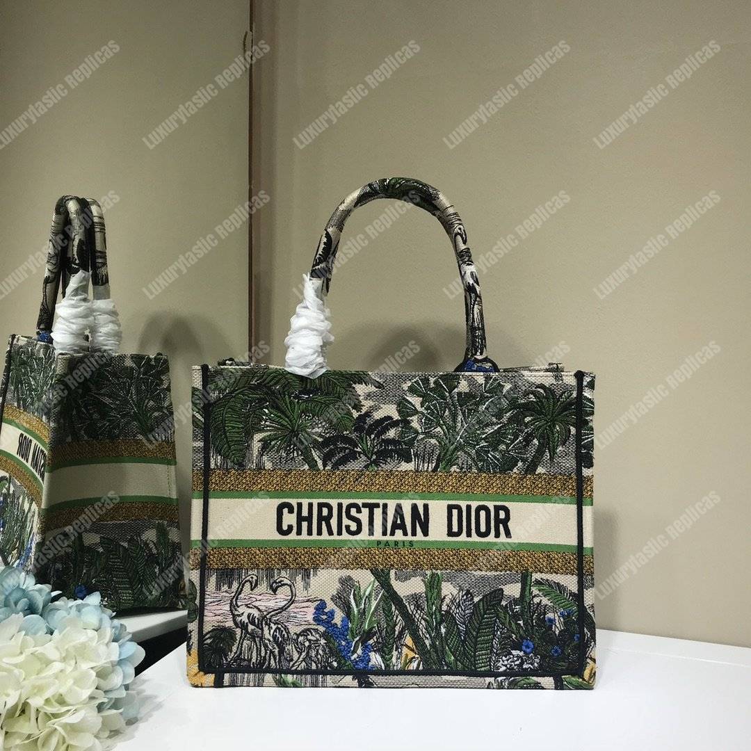 mini D*or book tote bag in embroidered canvas leaf green toile de jouy tropicalia