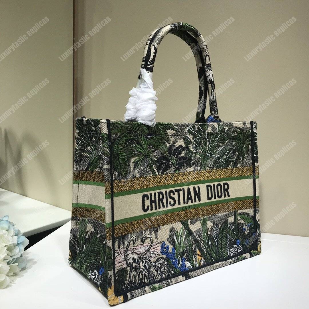 mini D*or book tote bag in embroidered canvas leaf green toile de jouy tropicalia