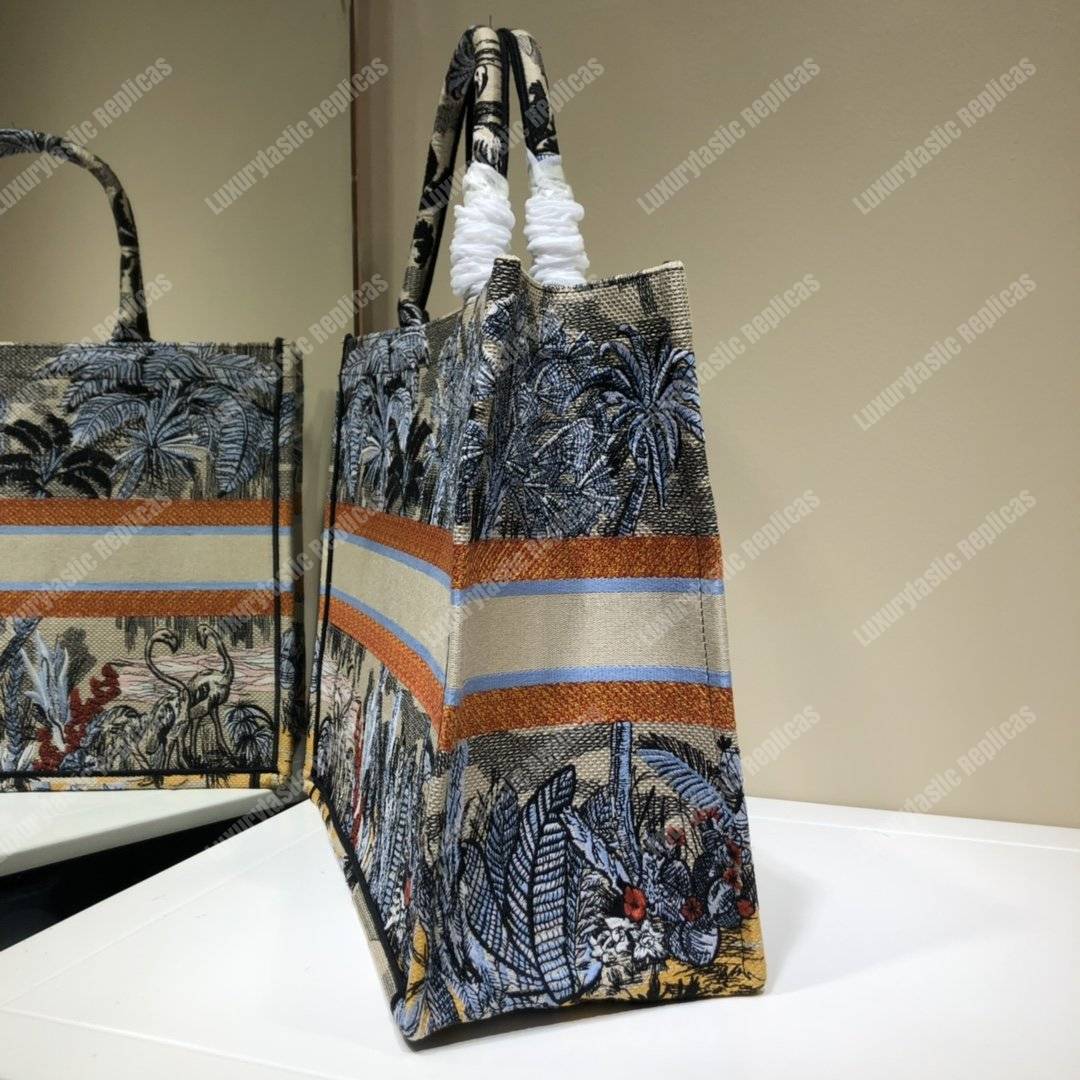 D*or book tote bag in embroidered canvas blue toile de jouy tropicalia