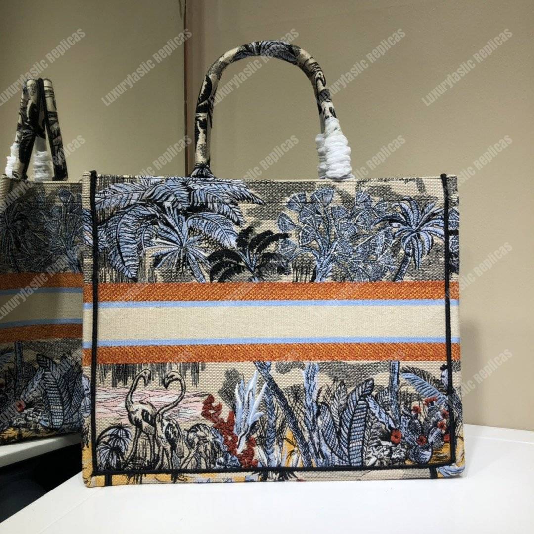 D*or book tote bag in embroidered canvas blue toile de jouy tropicalia