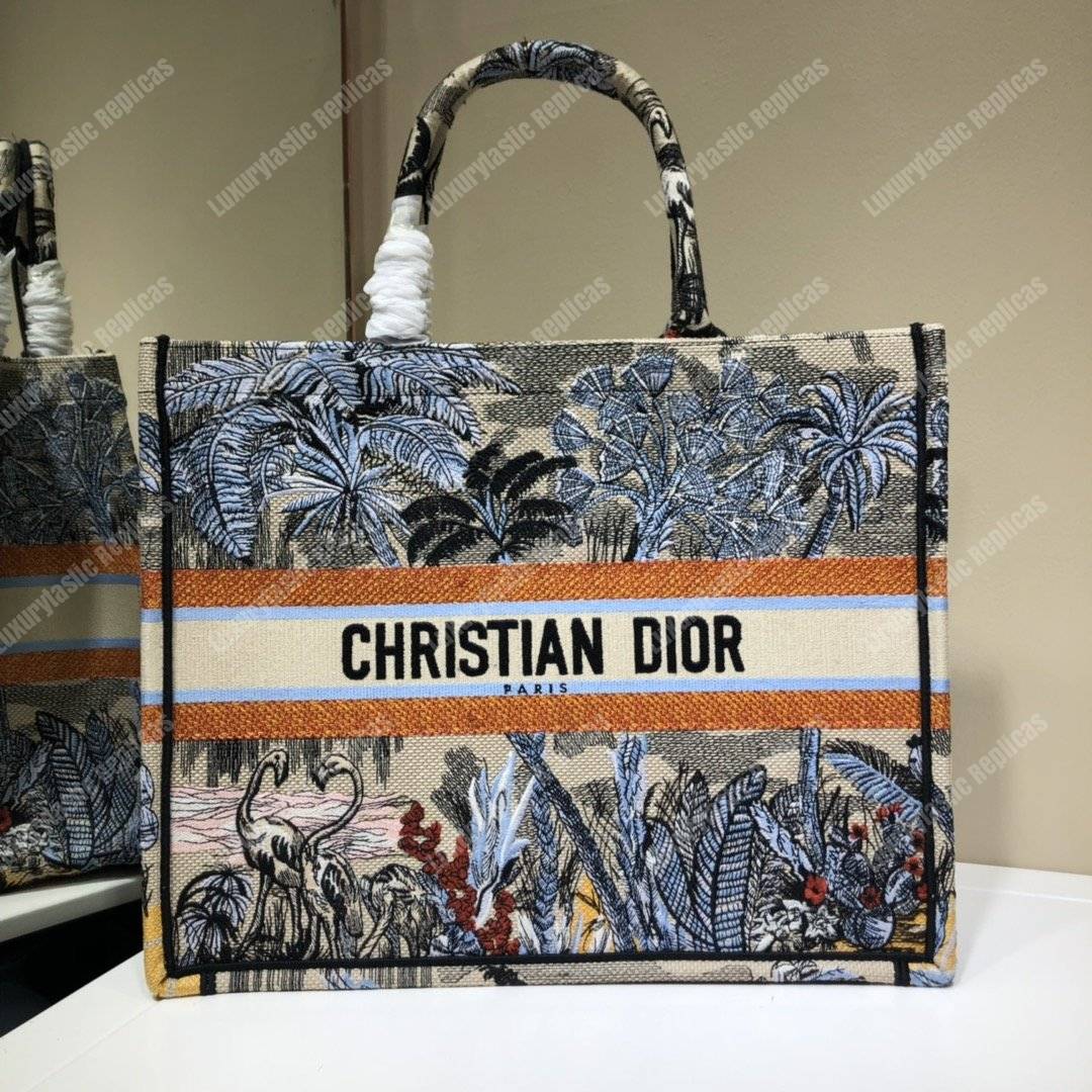 D*or book tote bag in embroidered canvas blue toile de jouy tropicalia