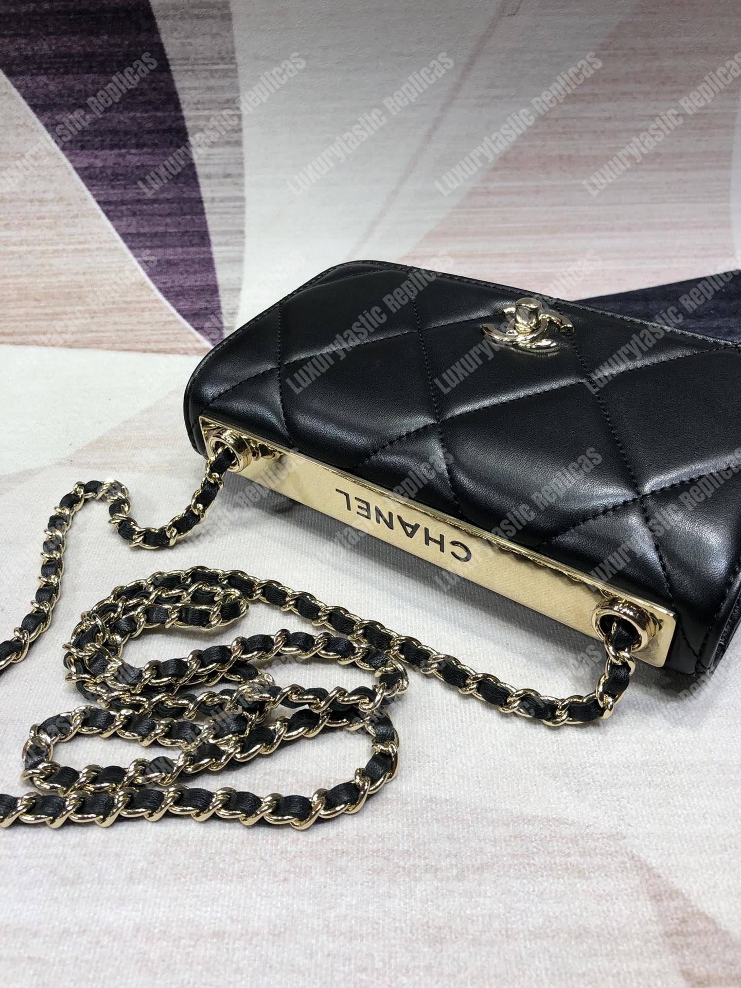 Ch*el wallet on chain – woc lambskin gold-toned metal black