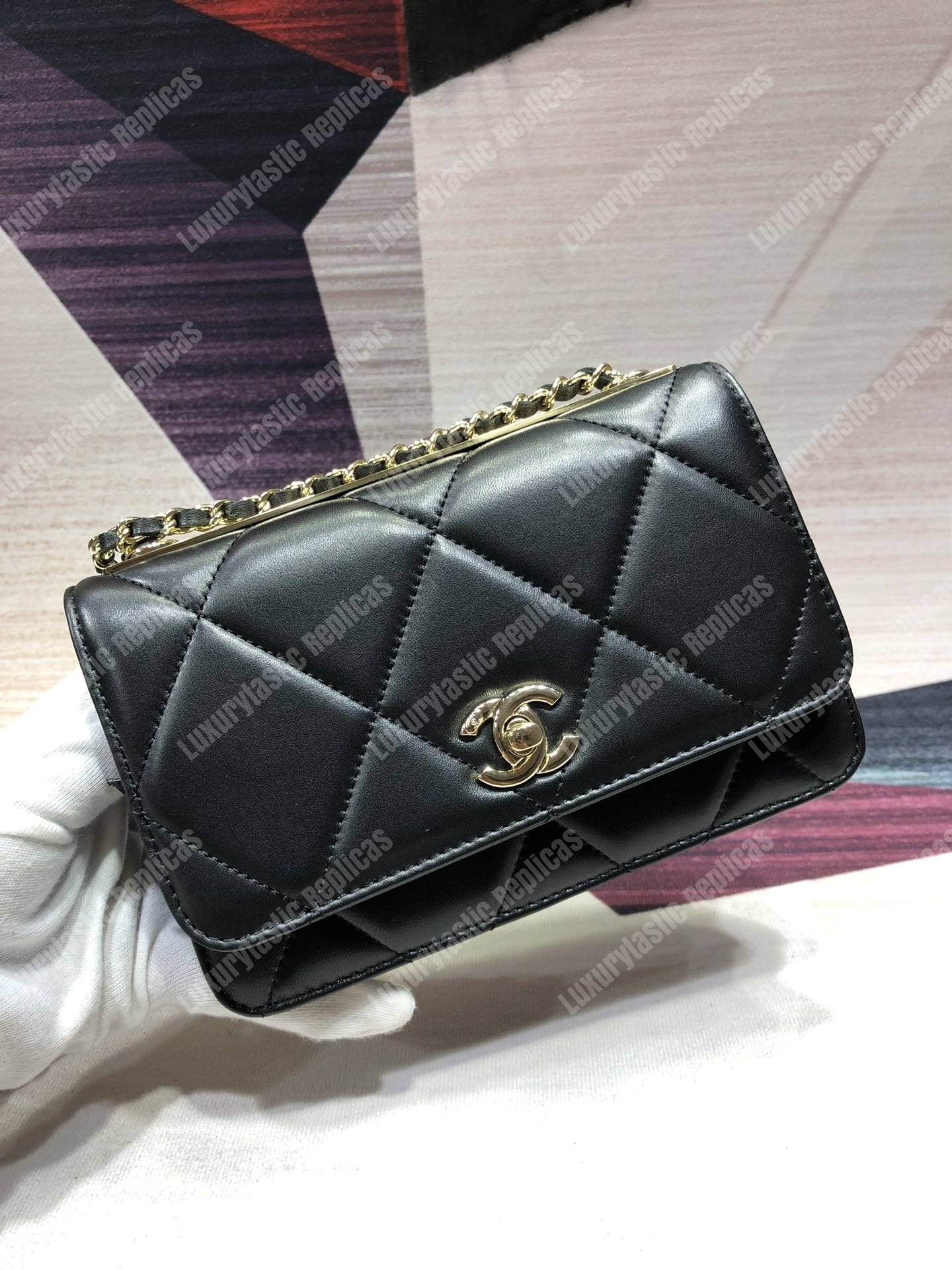 Ch*el wallet on chain – woc lambskin gold-toned metal black