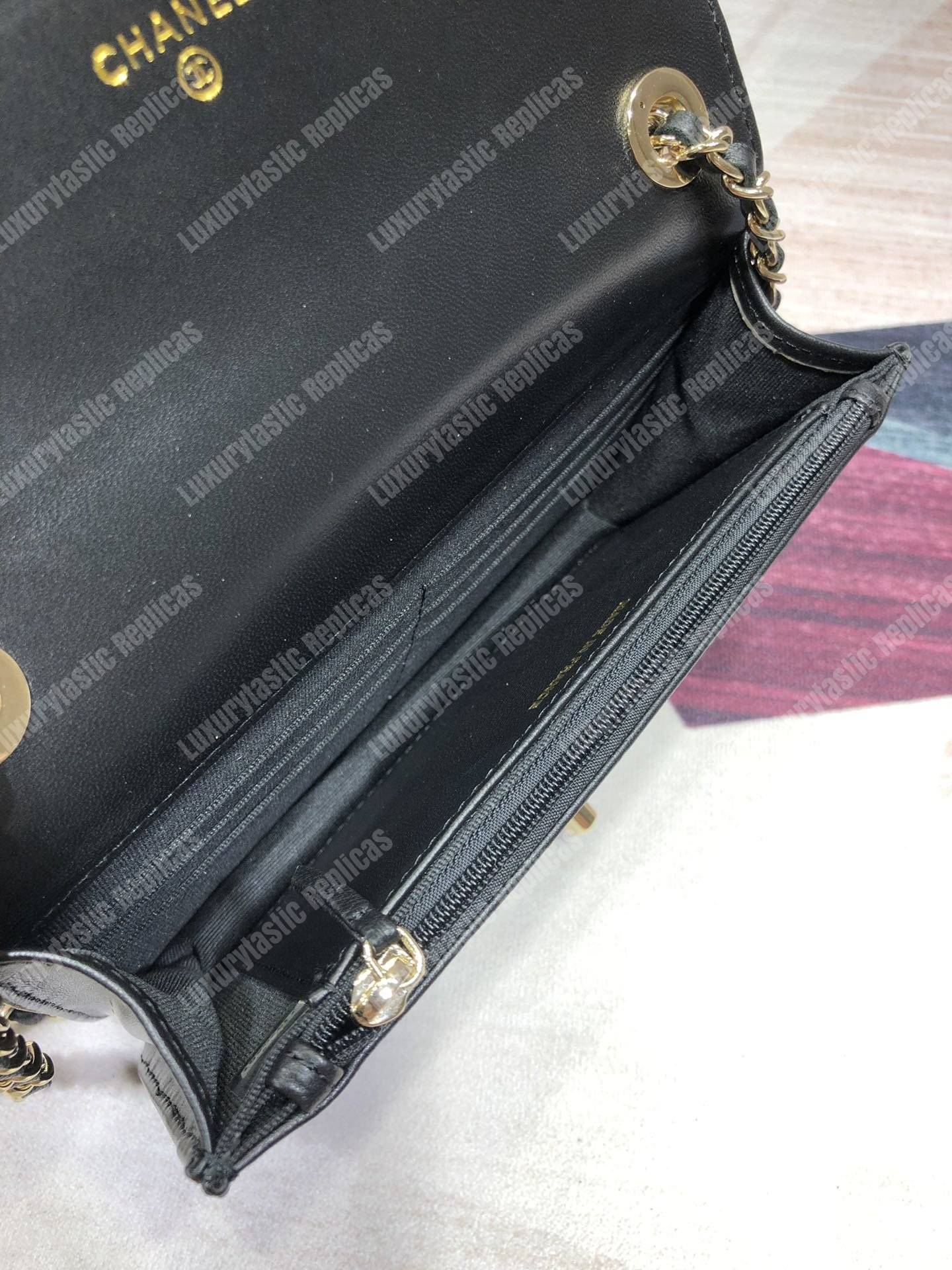 Ch*el wallet on chain – woc lambskin gold-toned metal black