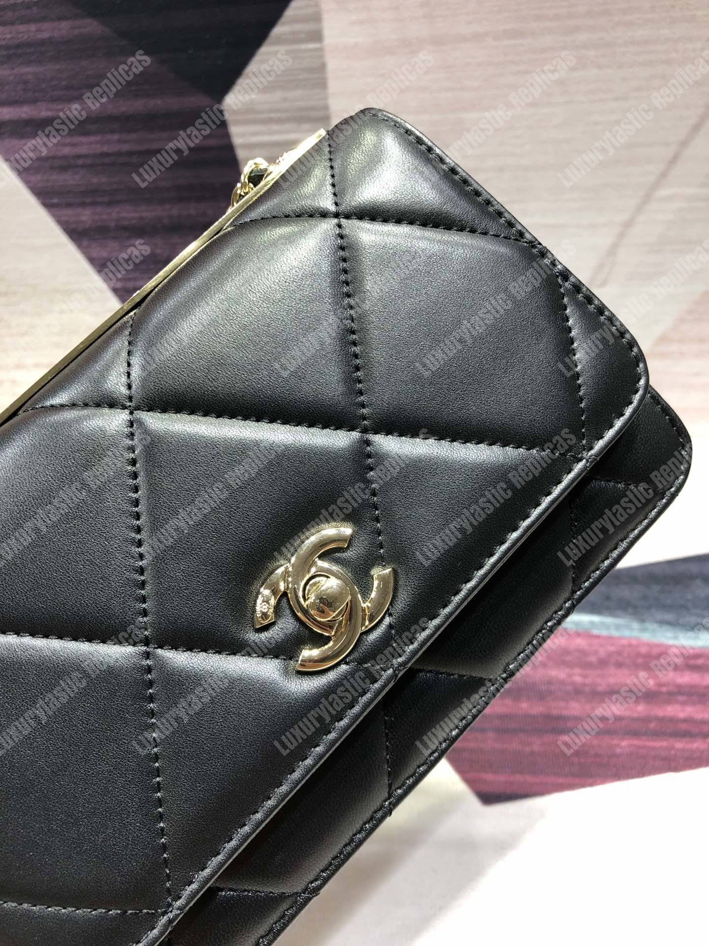 Ch*el wallet on chain – woc lambskin gold-toned metal black