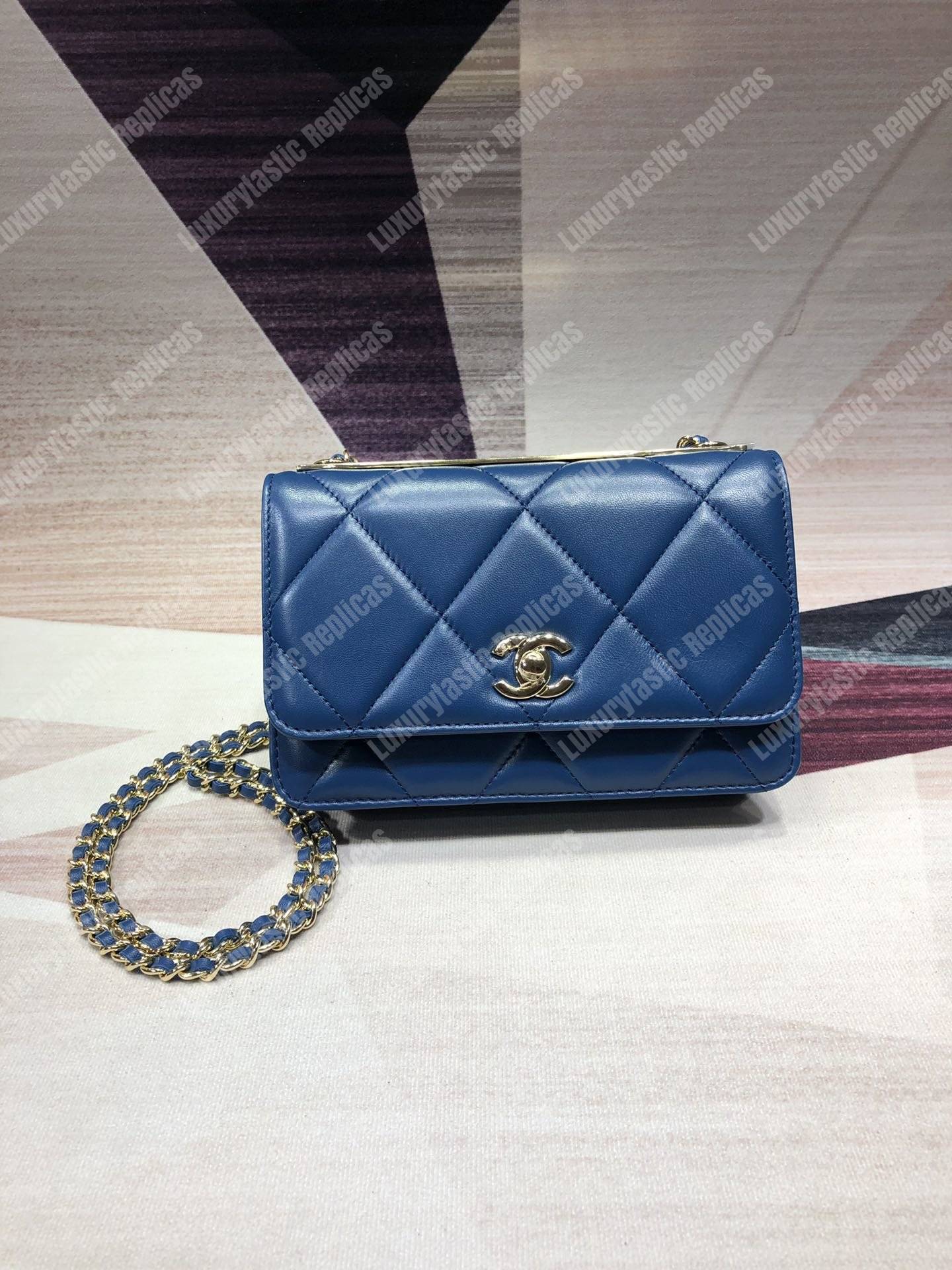 Ch*el wallet on chain – woc lambskin gold-toned metal blue