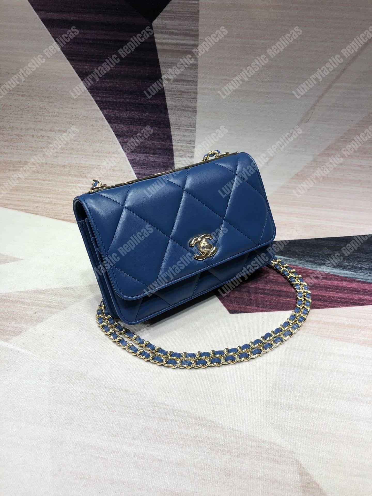 Ch*el wallet on chain – woc lambskin gold-toned metal blue