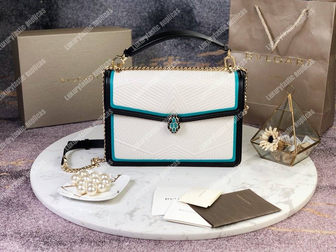 BVL Serpenti Diamond Blast Shoulder Bag White Agate/Deep Jade/Black