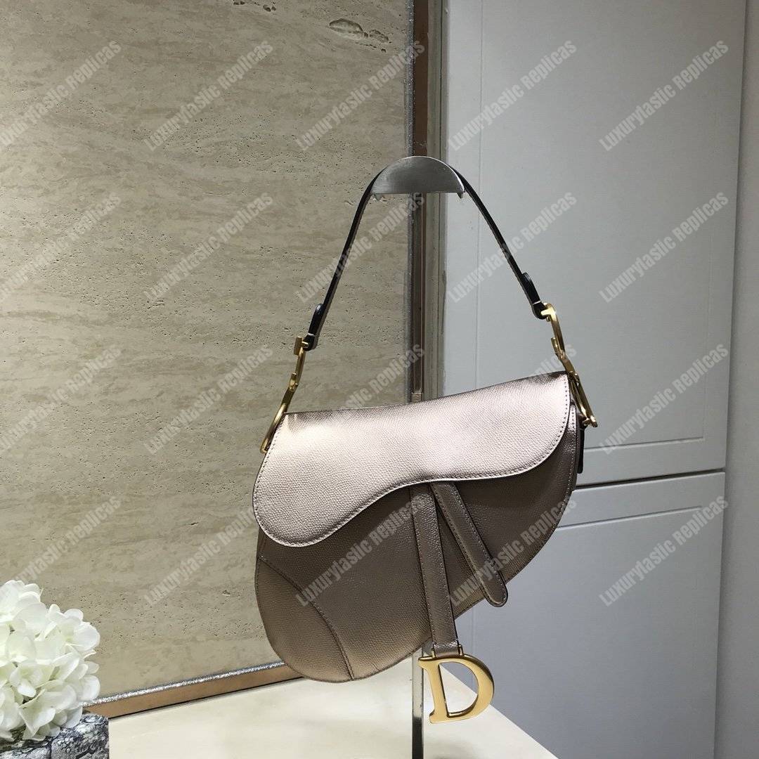 D*or saddle bag in champagne metallic grained calfskin