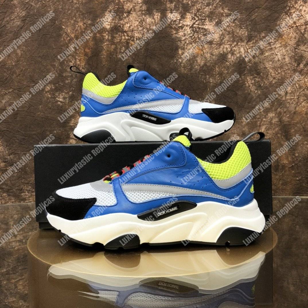 D*or “b22” sneaker in yellow technical knit and blue calfskin