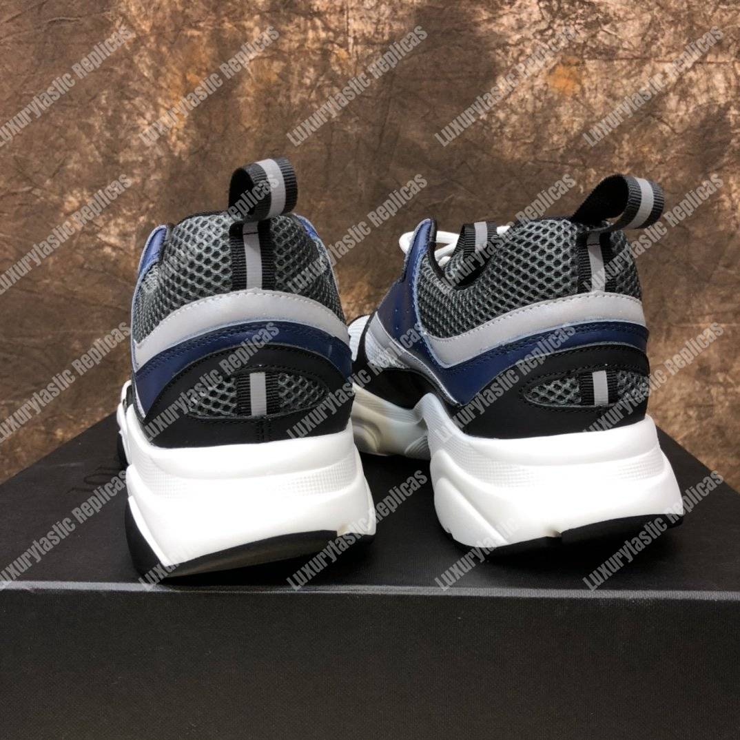 D*or b22 sneaker in white & gray technical knit with blue, black & gray calfskin