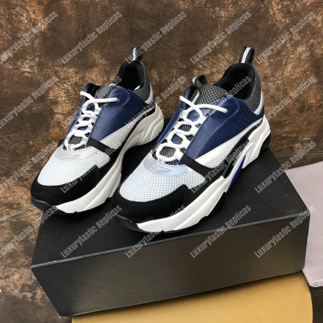 D*or b22 sneaker in white & gray technical knit with blue, black & gray calfskin